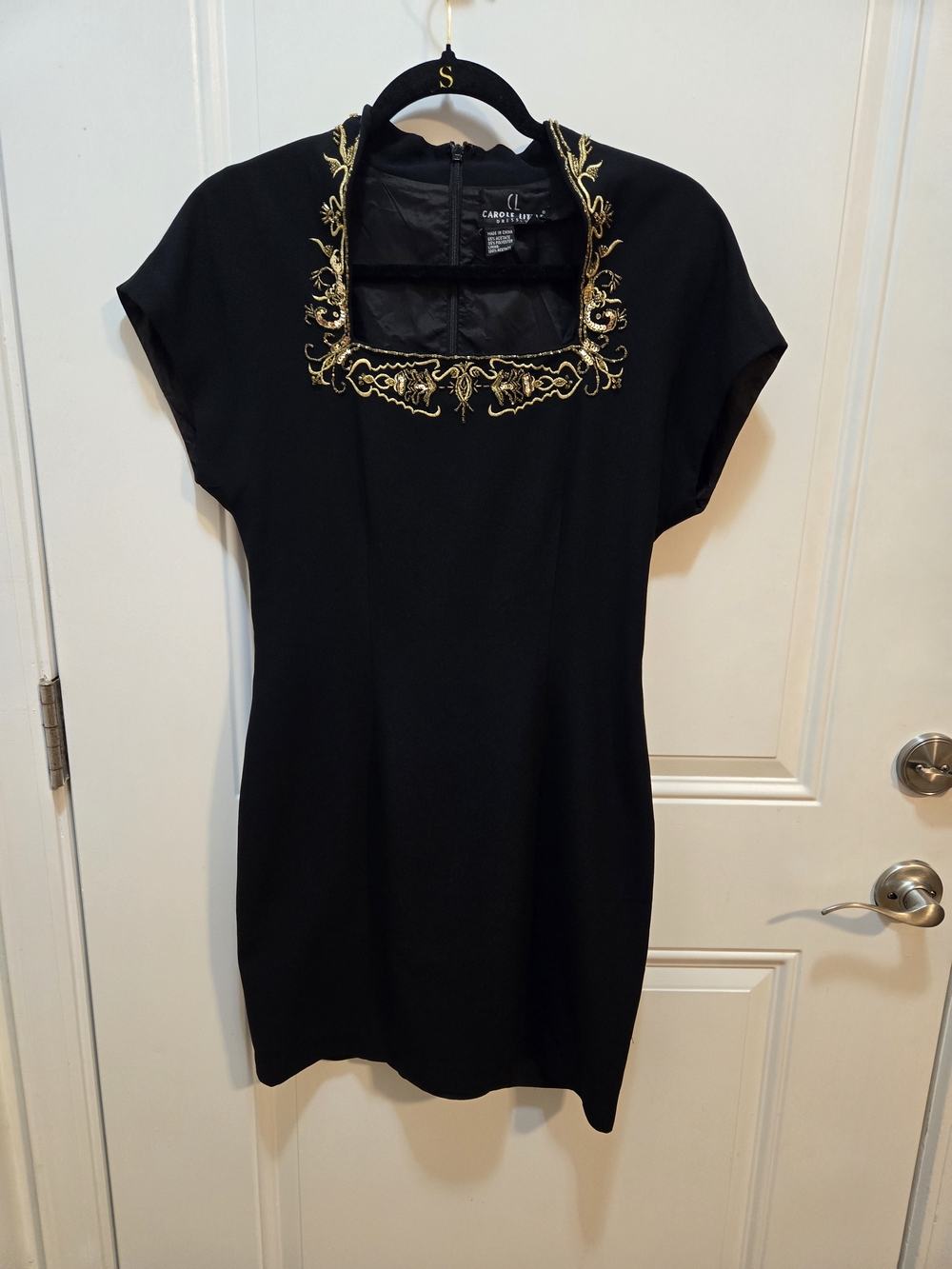 Vintage Carole Little Black Dress Gold Beaded Square Neck 8
